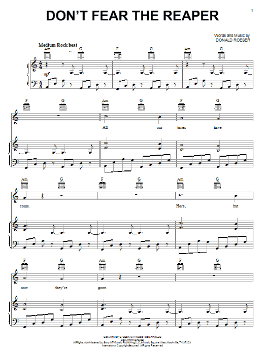 Blue Oyster Cult Don T Fear The Reaper Sheet Music Download Printable Metal Pdf Piano Vocal Guitar Right Hand Melody Score Sku