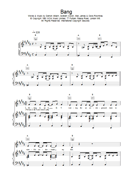Download Blur Bang sheet music and printable PDF score & Pop music notes