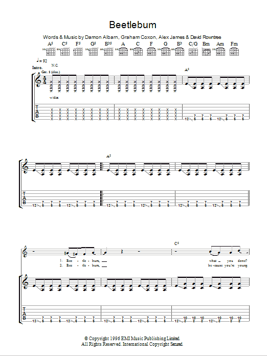 Preview Blur Beetlebum Rock sheet music, notes and chords for Guitar Tab, SKU: 107292 Download Blur Beetlebum sheet music and printable PDF score & Rock music notes