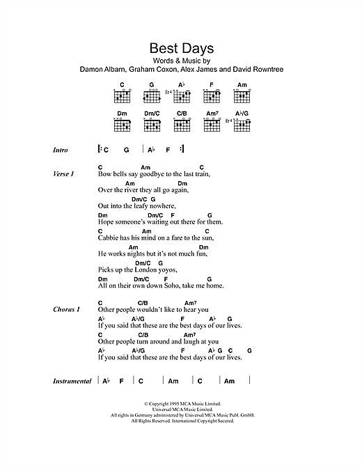 Preview Blur Best Days Pop sheet music, notes and chords for Piano, Vocal & Guitar (Right-Hand Melody), SKU: 15233 sheet music, piano notes, chords, guitar tabs, score, transpose, transcribe, how to play, guide, download, learn, tutorial, progression, song, artist, awards, billboard, mtv, vh1, tour, single, album, release