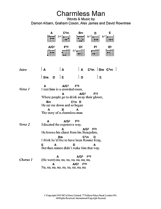 Download Blur Charmless Man sheet music and printable PDF score & Rock music notes