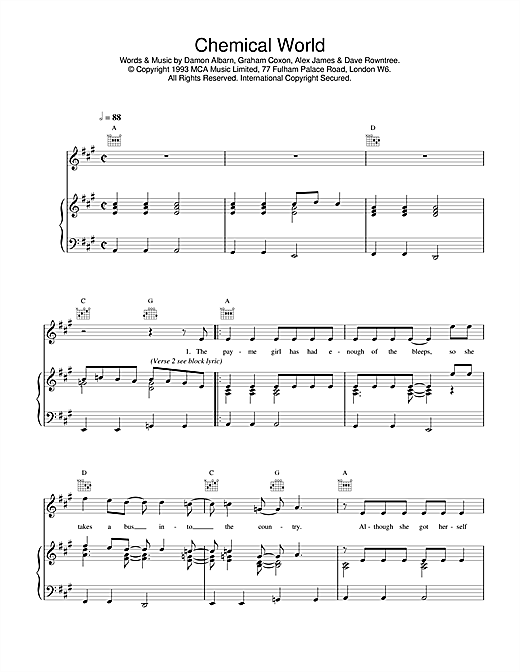 Preview Blur Chemical World Rock sheet music, notes and chords for Lyrics & Chords, SKU: 101299 sheet music, piano notes, chords, guitar tabs, score, transpose, transcribe, how to play, guide, download, learn, tutorial, progression, song, artist, awards, billboard, mtv, vh1, tour, single, album, release