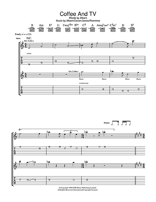 Preview Blur Coffee & TV Rock sheet music, notes and chords for Lyrics & Chords, SKU: 101332 sheet music, piano notes, chords, guitar tabs, score, transpose, transcribe, how to play, guide, download, learn, tutorial, progression, song, artist, awards, billboard, mtv, vh1, tour, single, album, release