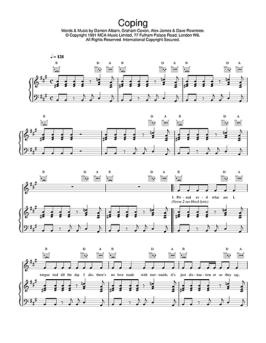 Preview Blur Coping Rock sheet music, notes and chords for Lyrics & Chords, SKU: 101392 sheet music, piano notes, chords, guitar tabs, score, transpose, transcribe, how to play, guide, download, learn, tutorial, progression, song, artist, awards, billboard, mtv, vh1, tour, single, album, release
