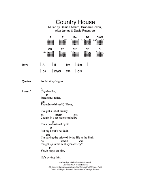 Download Blur Country House sheet music and printable PDF score & Rock music notes