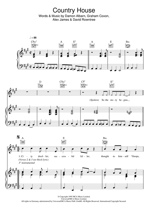 Preview Blur Country House Rock sheet music, notes and chords for Lyrics & Chords, SKU: 101397 sheet music, piano notes, chords, guitar tabs, score, transpose, transcribe, how to play, guide, download, learn, tutorial, progression, song, artist, awards, billboard, mtv, vh1, tour, single, album, release