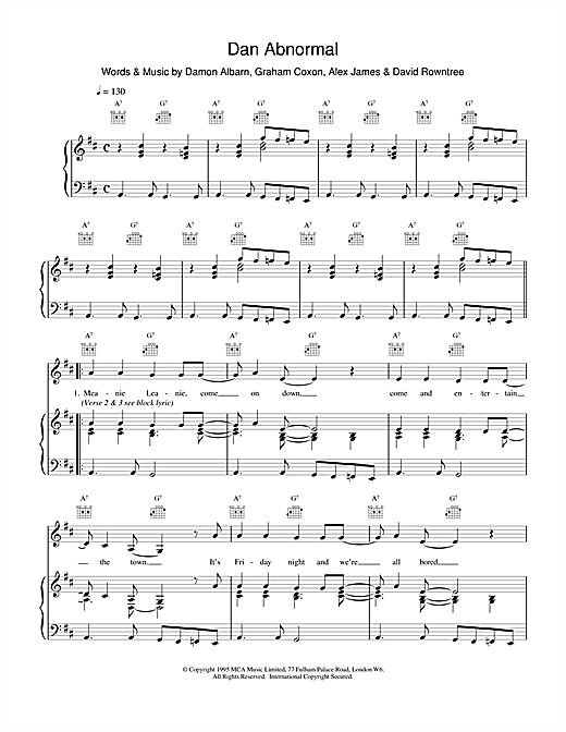 Preview Blur Dan Abnormal Rock sheet music, notes and chords for Lyrics & Chords, SKU: 101461 sheet music, piano notes, chords, guitar tabs, score, transpose, transcribe, how to play, guide, download, learn, tutorial, progression, song, artist, awards, billboard, mtv, vh1, tour, single, album, release