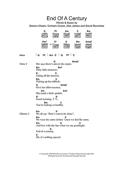 Download Blur End Of A Century sheet music and printable PDF score & Rock music notes