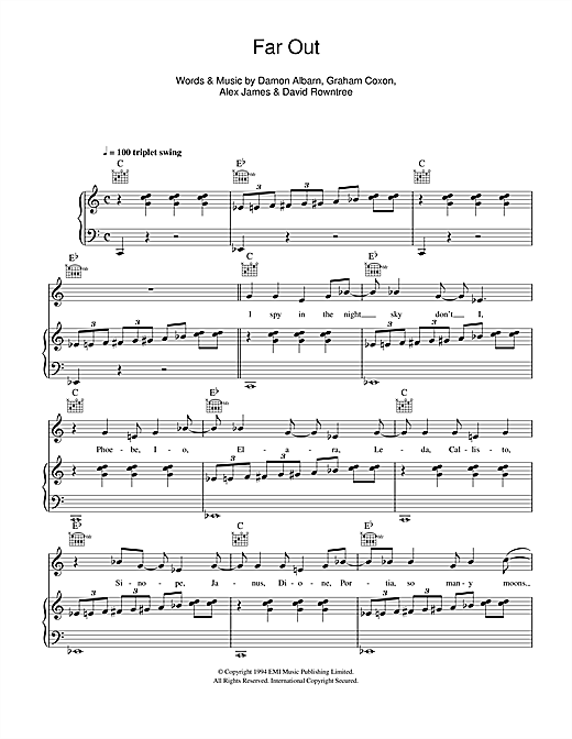 Preview Blur Far Out Rock sheet music, notes and chords for Piano, Vocal & Guitar, SKU: 114815 sheet music, piano notes, chords, guitar tabs, score, transpose, transcribe, how to play, guide, download, learn, tutorial, progression, song, artist, awards, billboard, mtv, vh1, tour, single, album, release