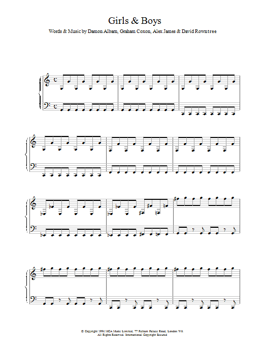 Download Blur Girls And Boys sheet music and printable PDF score & Pop music notes