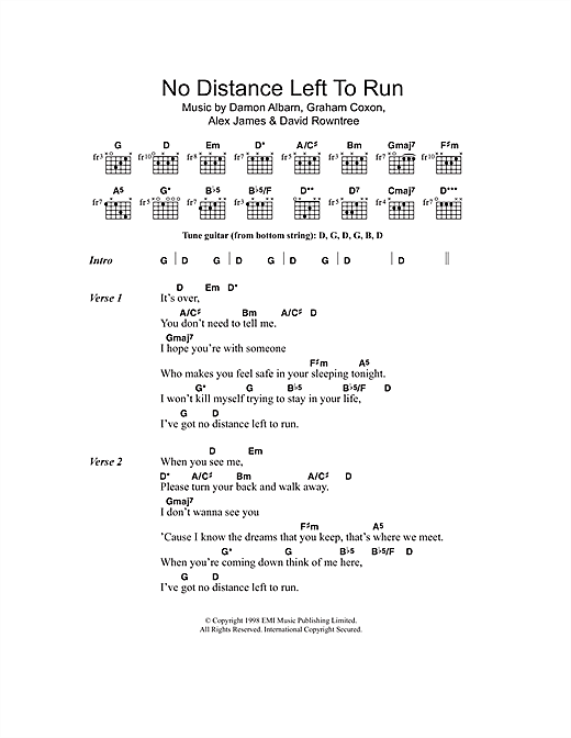 Download Blur No Distance Left To Run sheet music and printable PDF score & Rock music notes