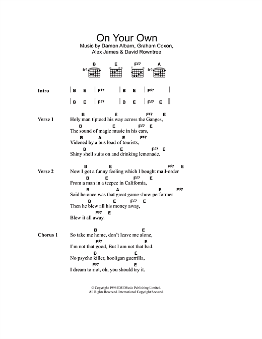 Preview Blur On Your Own Rock sheet music, notes and chords for Guitar Tab, SKU: 36415 Download Blur On Your Own sheet music and printable PDF score & Rock music notes