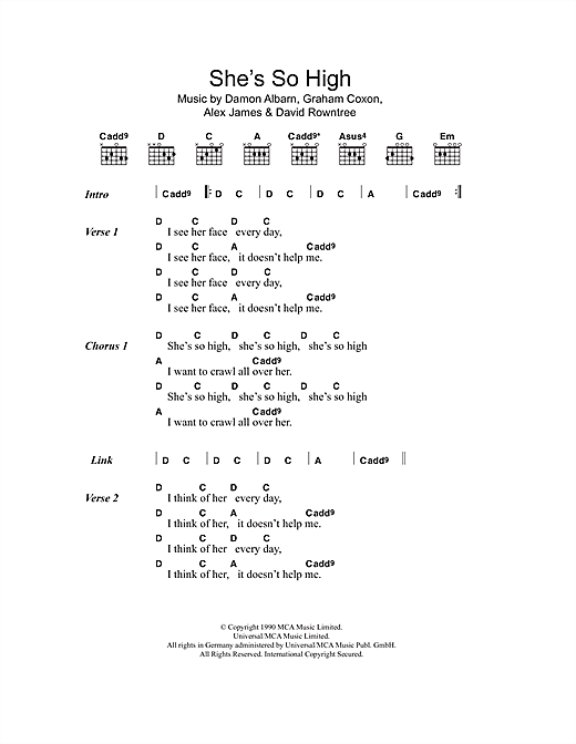 Download Blur She's So High sheet music and printable PDF score & Rock music notes