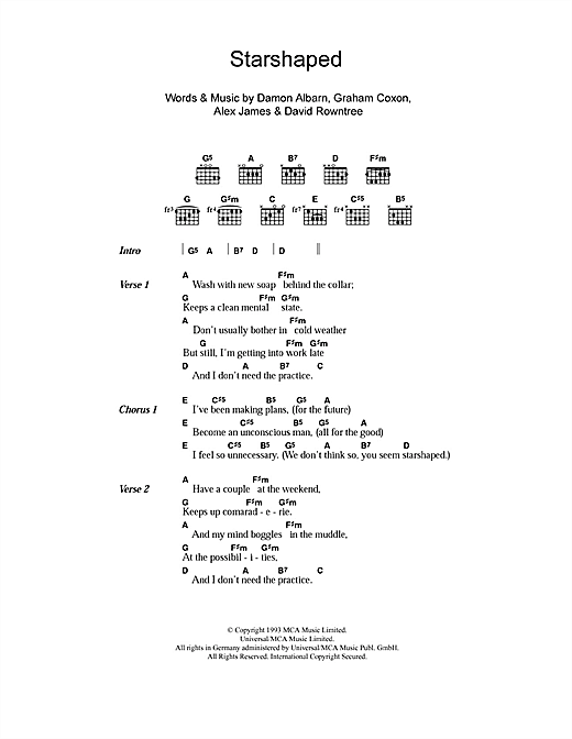 Preview Blur Starshaped Rock sheet music, notes and chords for Lyrics & Chords, SKU: 107840 sheet music, piano notes, chords, guitar tabs, score, transpose, transcribe, how to play, guide, download, learn, tutorial, progression, song, artist, awards, billboard, mtv, vh1, tour, single, album, release