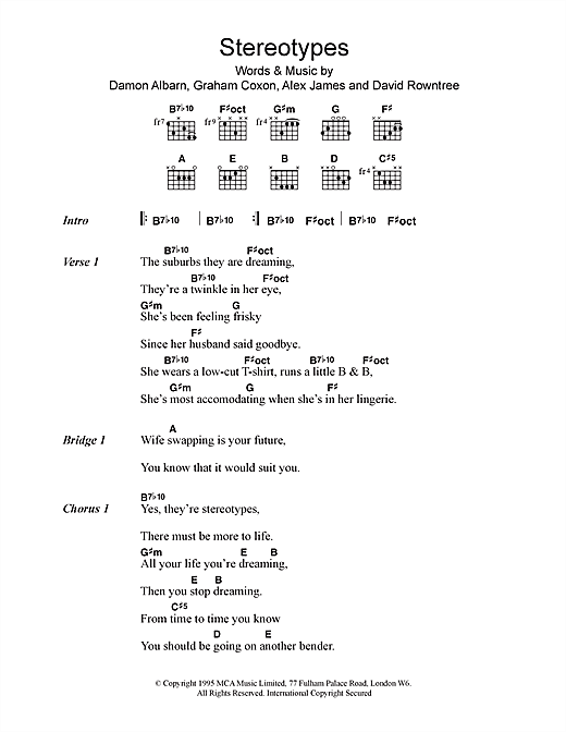 Preview Blur Stereotypes Pop sheet music, notes and chords for Piano, Vocal & Guitar (Right-Hand Melody), SKU: 15244 sheet music, piano notes, chords, guitar tabs, score, transpose, transcribe, how to play, guide, download, learn, tutorial, progression, song, artist, awards, billboard, mtv, vh1, tour, single, album, release