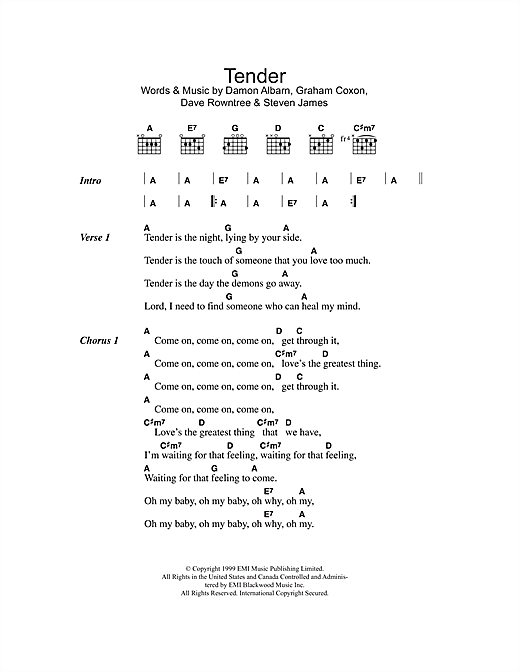 Download Blur Tender sheet music and printable PDF score & Rock music notes