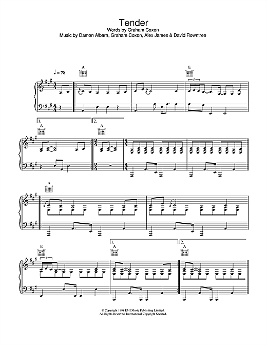 Preview Blur Tender Rock sheet music, notes and chords for Lyrics & Chords, SKU: 108317 sheet music, piano notes, chords, guitar tabs, score, transpose, transcribe, how to play, guide, download, learn, tutorial, progression, song, artist, awards, billboard, mtv, vh1, tour, single, album, release