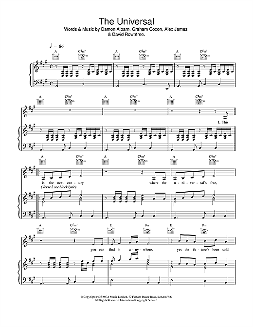 Preview Blur The Universal Rock sheet music, notes and chords for Lyrics & Chords, SKU: 108576 sheet music, piano notes, chords, guitar tabs, score, transpose, transcribe, how to play, guide, download, learn, tutorial, progression, song, artist, awards, billboard, mtv, vh1, tour, single, album, release