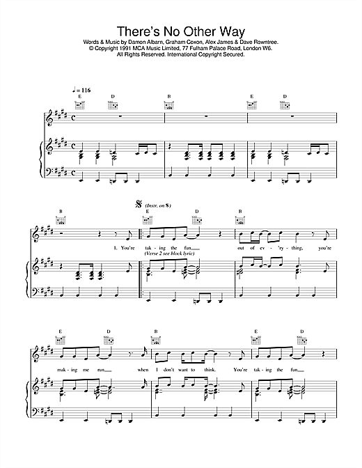 Preview Blur There's No Other Way Rock sheet music, notes and chords for Lyrics & Chords, SKU: 108408 sheet music, piano notes, chords, guitar tabs, score, transpose, transcribe, how to play, guide, download, learn, tutorial, progression, song, artist, awards, billboard, mtv, vh1, tour, single, album, release