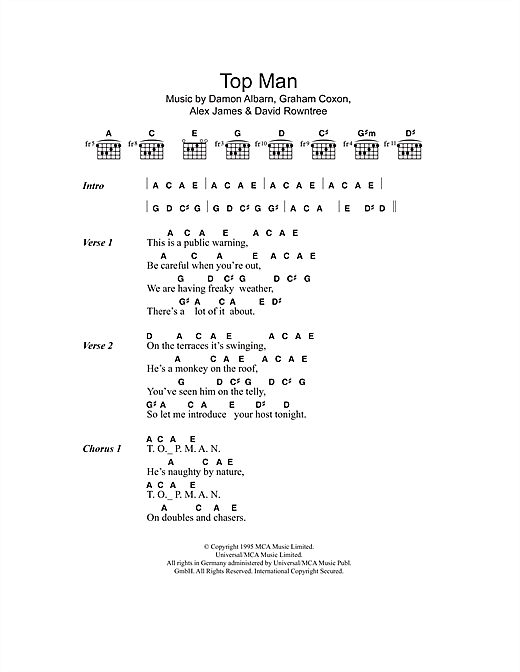Preview Blur Top Man Pop sheet music, notes and chords for Piano, Vocal & Guitar, SKU: 15246 sheet music, piano notes, chords, guitar tabs, score, transpose, transcribe, how to play, guide, download, learn, tutorial, progression, song, artist, awards, billboard, mtv, vh1, tour, single, album, release