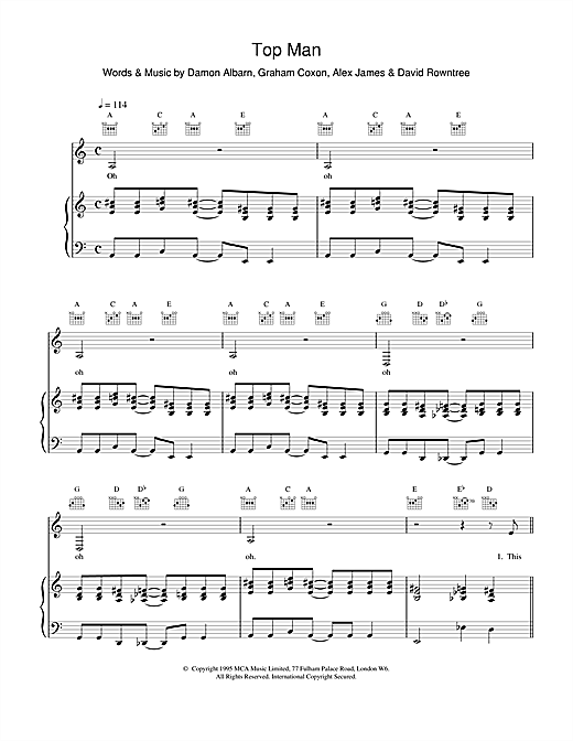 Preview Blur Top Man Rock sheet music, notes and chords for Lyrics & Chords, SKU: 108489 sheet music, piano notes, chords, guitar tabs, score, transpose, transcribe, how to play, guide, download, learn, tutorial, progression, song, artist, awards, billboard, mtv, vh1, tour, single, album, release