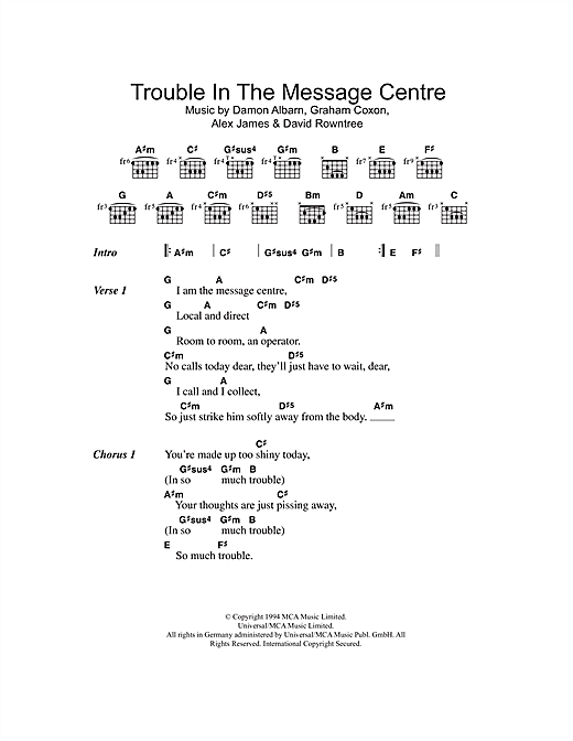 Preview Blur Trouble In The Message Centre Rock sheet music, notes and chords for Lyrics & Chords, SKU: 108502 sheet music, piano notes, chords, guitar tabs, score, transpose, transcribe, how to play, guide, download, learn, tutorial, progression, song, artist, awards, billboard, mtv, vh1, tour, single, album, release