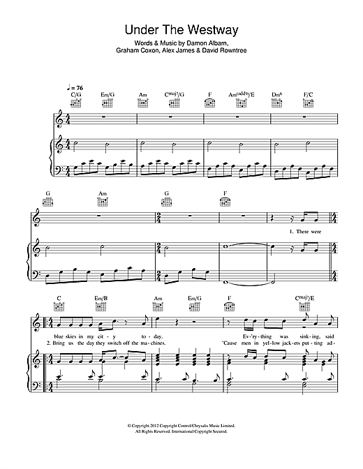 Preview Blur Under The Westway Rock sheet music, notes and chords for Piano, Vocal & Guitar (Right-Hand Melody), SKU: 114452 sheet music, piano notes, chords, guitar tabs, score, transpose, transcribe, how to play, guide, download, learn, tutorial, progression, song, artist, awards, billboard, mtv, vh1, tour, single, album, release
