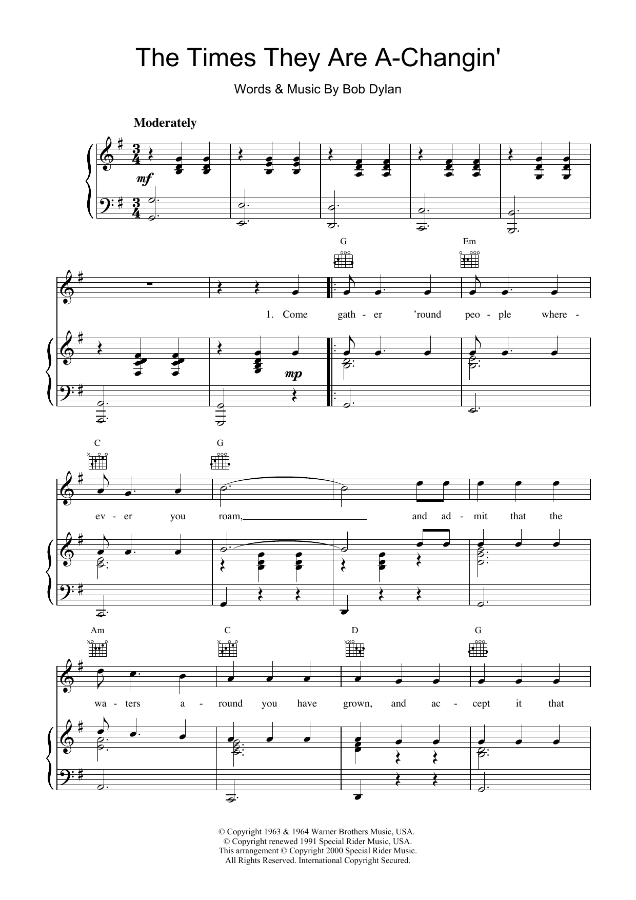 Download Bob Dylan The Times They Are A-Changin' sheet music and printable PDF score & Rock music notes