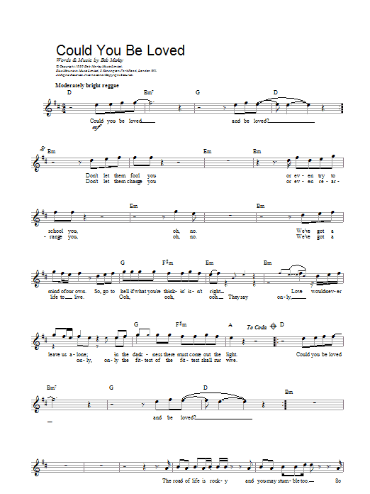 Download Bob Marley Could You Be Loved sheet music and printable PDF score & Reggae music notes