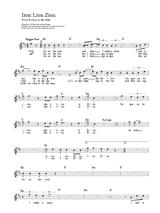Download Bob Marley Iron Lion Zion sheet music and printable PDF score & Rock music notes