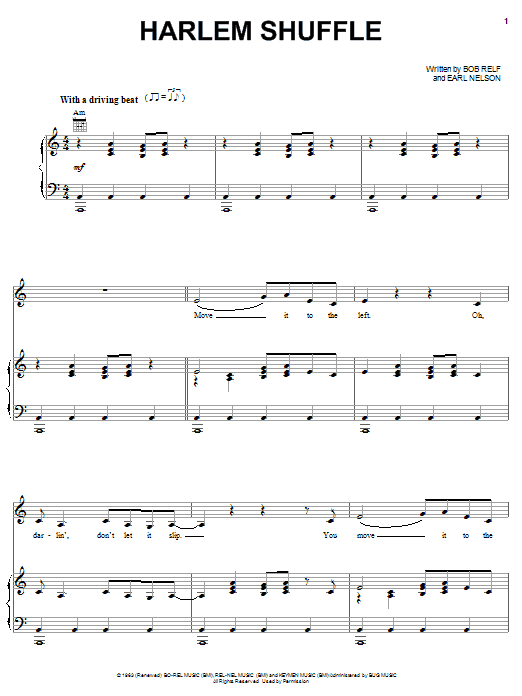 Preview Bob & Earl The Harlem Shuffle Rock sheet music, notes and chords for Piano, Vocal & Guitar (Right-Hand Melody), SKU: 51103 sheet music, piano notes, chords, guitar tabs, score, transpose, transcribe, how to play, guide, download, learn, tutorial, progression, song, artist, awards, billboard, mtv, vh1, tour, single, album, release