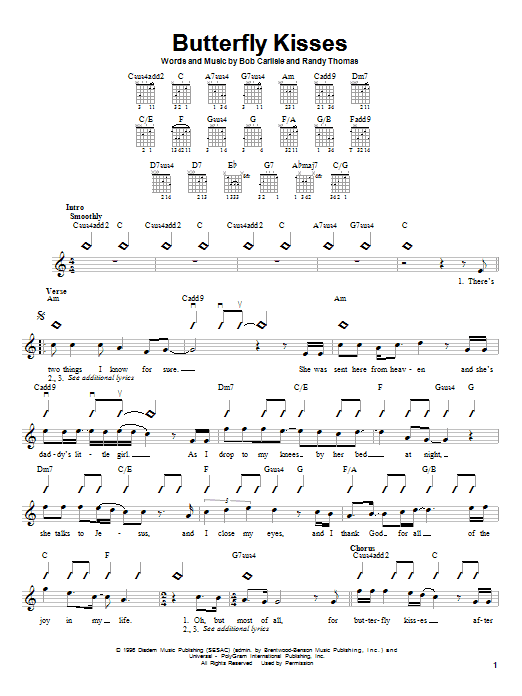 Preview Bob Carlisle Butterfly Kisses Country sheet music, notes and chords for Guitar with strumming patterns, SKU: 28657 Download Bob Carlisle Butterfly Kisses sheet music and printable PDF score & Country music notes