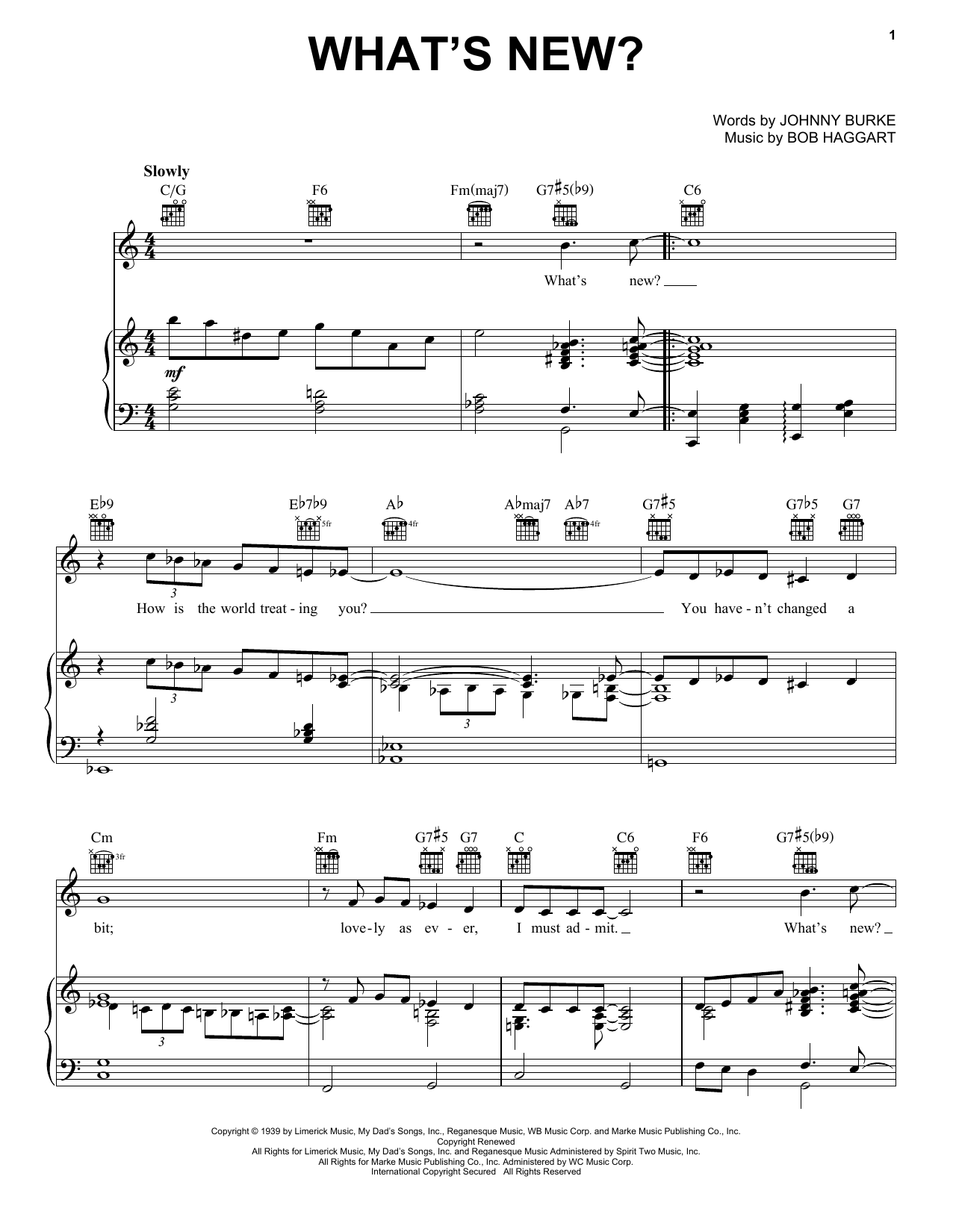 Preview Bob Crosby and His Orchestra What's New? Jazz sheet music, notes and chords for Piano, Vocal & Guitar (Right-Hand Melody), SKU: 16683 sheet music, piano notes, chords, guitar tabs, score, transpose, transcribe, how to play, guide, download, learn, tutorial, progression, song, artist, awards, billboard, mtv, vh1, tour, single, album, release