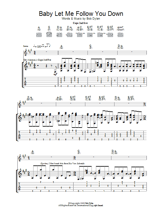 Download Bob Dylan Baby Let Me Follow You Down sheet music and printable PDF score & Rock music notes