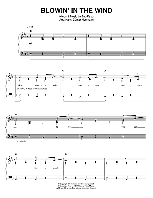 Download Bob Dylan Blowin' In The Wind sheet music and printable PDF score & Rock music notes