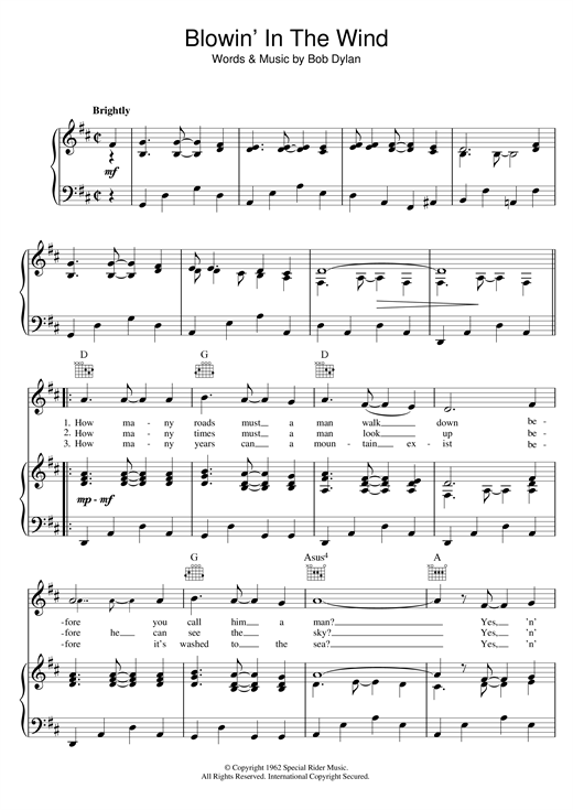 Preview Bob Dylan Blowin' In The Wind Rock sheet music, notes and chords for Piano, Vocal & Guitar (Right-Hand Melody), SKU: 13637 sheet music, piano notes, chords, guitar tabs, score, transpose, transcribe, how to play, guide, download, learn, tutorial, progression, song, artist, awards, billboard, mtv, vh1, tour, single, album, release