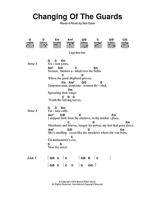 Preview Bob Dylan Changing Of The Guards Rock sheet music, notes and chords for Piano, Vocal & Guitar, SKU: 13755 sheet music, piano notes, chords, guitar tabs, score, transpose, transcribe, how to play, guide, download, learn, tutorial, progression, song, artist, awards, billboard, mtv, vh1, tour, single, album, release