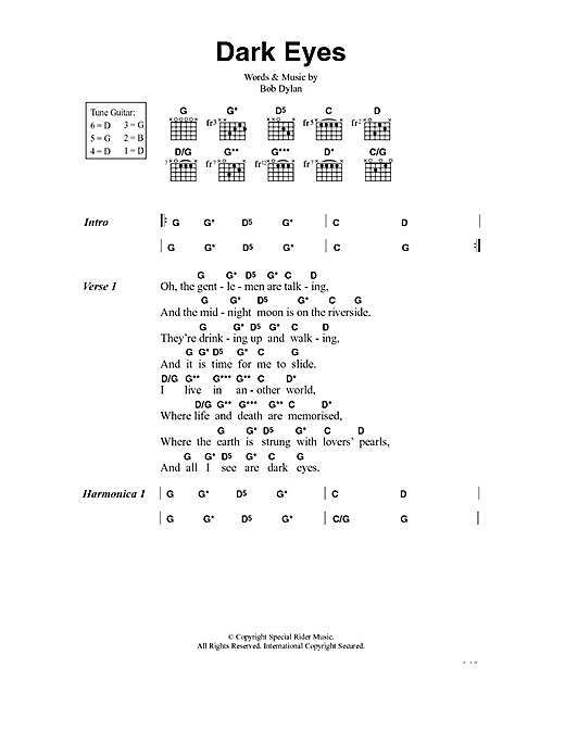 Download Bob Dylan Dark Eyes sheet music and printable PDF score & Rock music notes