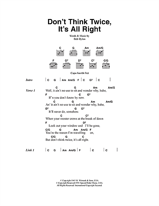 Download Bob Dylan Don't Think Twice, It's All Right sheet music and printable PDF score & Rock music notes