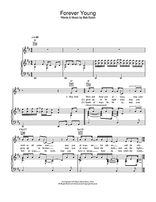 Preview Bob Dylan Forever Young Folk sheet music, notes and chords for Piano & Vocal, SKU: 121426 sheet music, piano notes, chords, guitar tabs, score, transpose, transcribe, how to play, guide, download, learn, tutorial, progression, song, artist, awards, billboard, mtv, vh1, tour, single, album, release