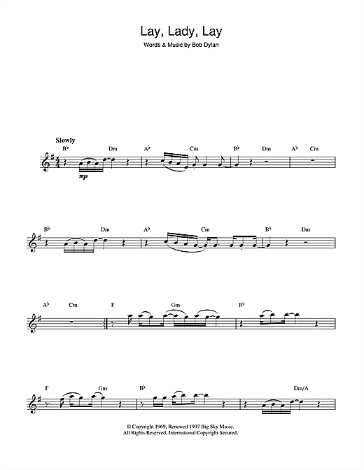 Preview Bob Dylan Lay Lady Lay Folk sheet music, notes and chords for Easy Piano, SKU: 121299 sheet music, piano notes, chords, guitar tabs, score, transpose, transcribe, how to play, guide, download, learn, tutorial, progression, song, artist, awards, billboard, mtv, vh1, tour, single, album, release