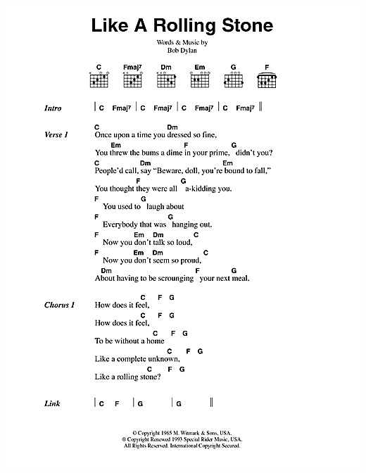 Bob Dylan Like A Rolling Stone Sheet Music Download Printable Rock 