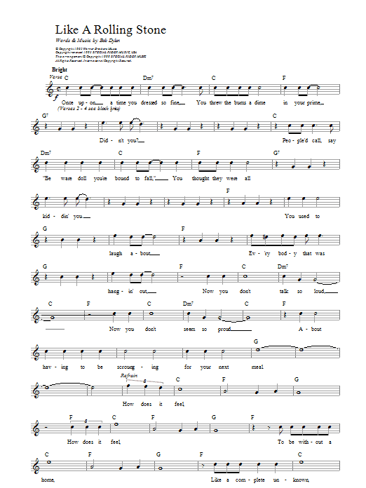 Download Bob Dylan Like A Rolling Stone sheet music and printable PDF score & Folk music notes