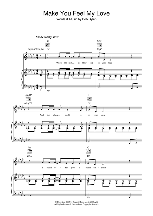 Preview Bob Dylan Make You Feel My Love Pop sheet music, notes and chords for Piano, SKU: 101195 sheet music, piano notes, chords, guitar tabs, score, transpose, transcribe, how to play, guide, download, learn, tutorial, progression, song, artist, awards, billboard, mtv, vh1, tour, single, album, release