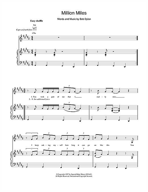 Preview Bob Dylan Million Miles Pop sheet music, notes and chords for Piano, Vocal & Guitar (Right-Hand Melody), SKU: 17219 sheet music, piano notes, chords, guitar tabs, score, transpose, transcribe, how to play, guide, download, learn, tutorial, progression, song, artist, awards, billboard, mtv, vh1, tour, single, album, release