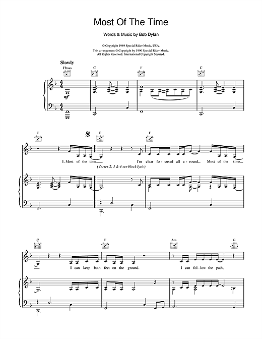 Preview Bob Dylan Most Of The Time (from High Fidelity) Film and TV sheet music, notes and chords for Piano, Vocal & Guitar (Right-Hand Melody), SKU: 18011 sheet music, piano notes, chords, guitar tabs, score, transpose, transcribe, how to play, guide, download, learn, tutorial, progression, song, artist, awards, billboard, mtv, vh1, tour, single, album, release