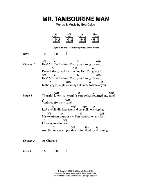 Download Bob Dylan Mr. Tambourine Man sheet music and printable PDF score & Pop music notes
