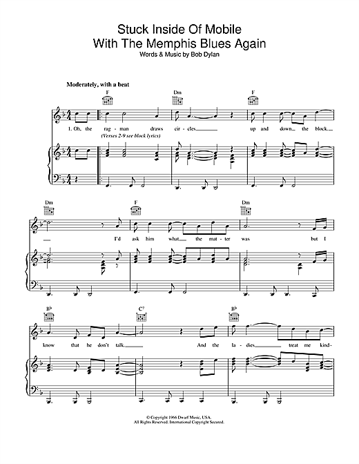 Preview Bob Dylan Stuck Inside Of Mobile With The Memphis Blues Again Rock sheet music, notes and chords for Lyrics & Chords, SKU: 107896 sheet music, piano notes, chords, guitar tabs, score, transpose, transcribe, how to play, guide, download, learn, tutorial, progression, song, artist, awards, billboard, mtv, vh1, tour, single, album, release