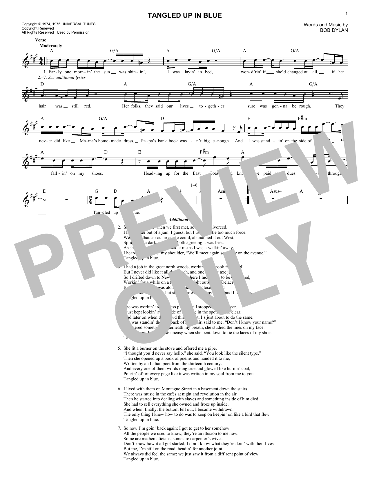 Download Bob Dylan Tangled Up In Blue sheet music and printable PDF score & Rock music notes