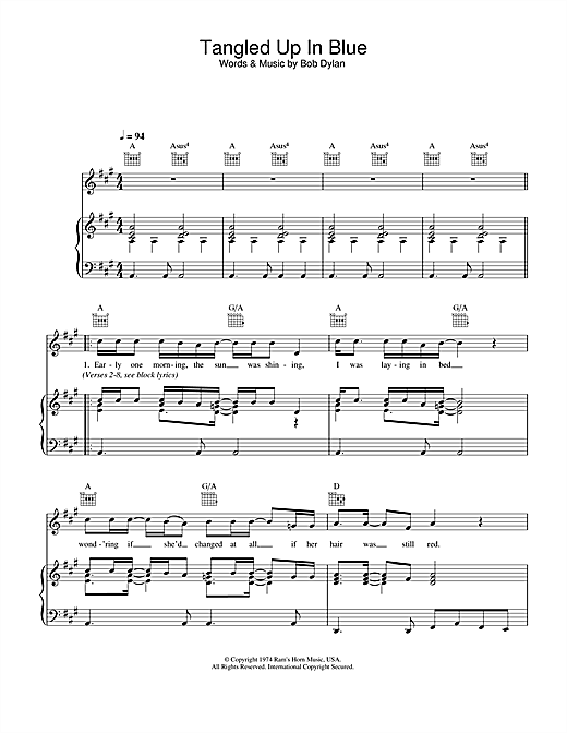 Preview Bob Dylan Tangled Up In Blue Folk sheet music, notes and chords for Piano & Vocal, SKU: 121429 sheet music, piano notes, chords, guitar tabs, score, transpose, transcribe, how to play, guide, download, learn, tutorial, progression, song, artist, awards, billboard, mtv, vh1, tour, single, album, release